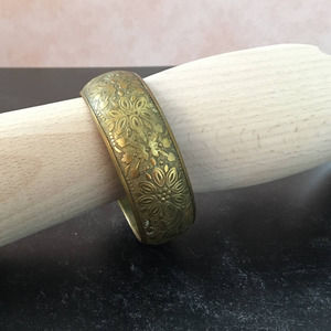 Gold brass floral etched wide bangle bracelet